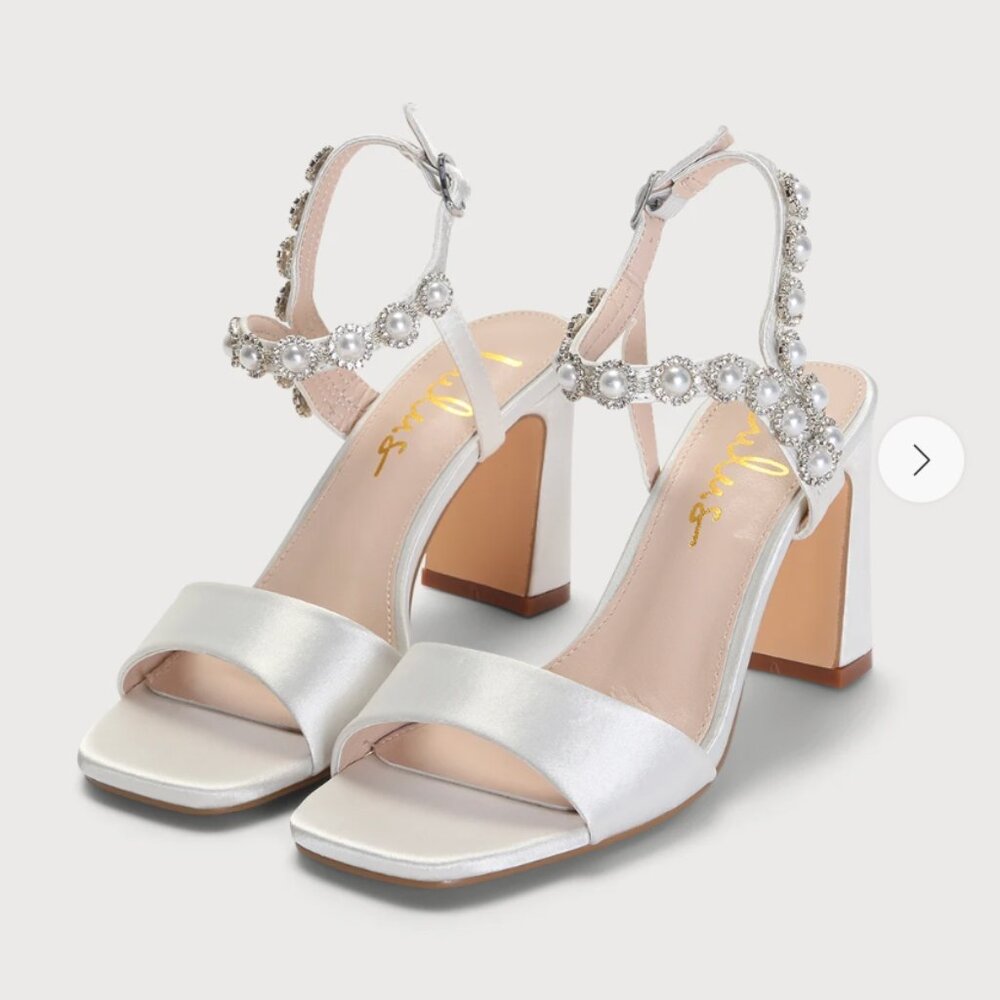 Lulus Cassian White Satin Pearl Rhinestone Ankle Strap Heels 8.5